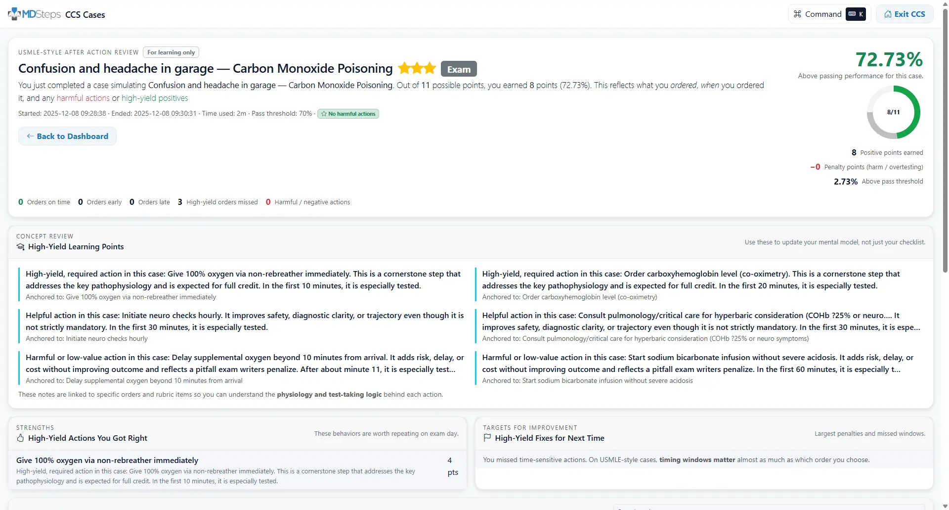 MDSteps CCS after-action review showing score, missed actions, late orders, harmful actions, and learning targets