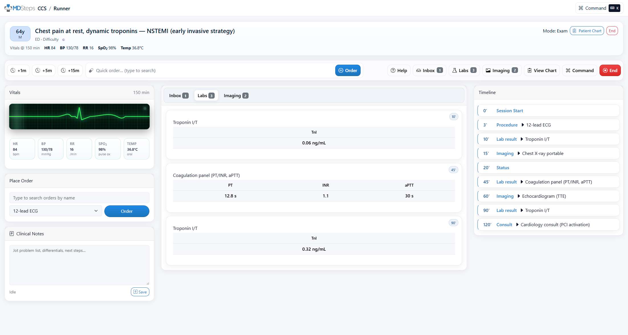 Step 3 CCS simulator with live vitals and timed orders