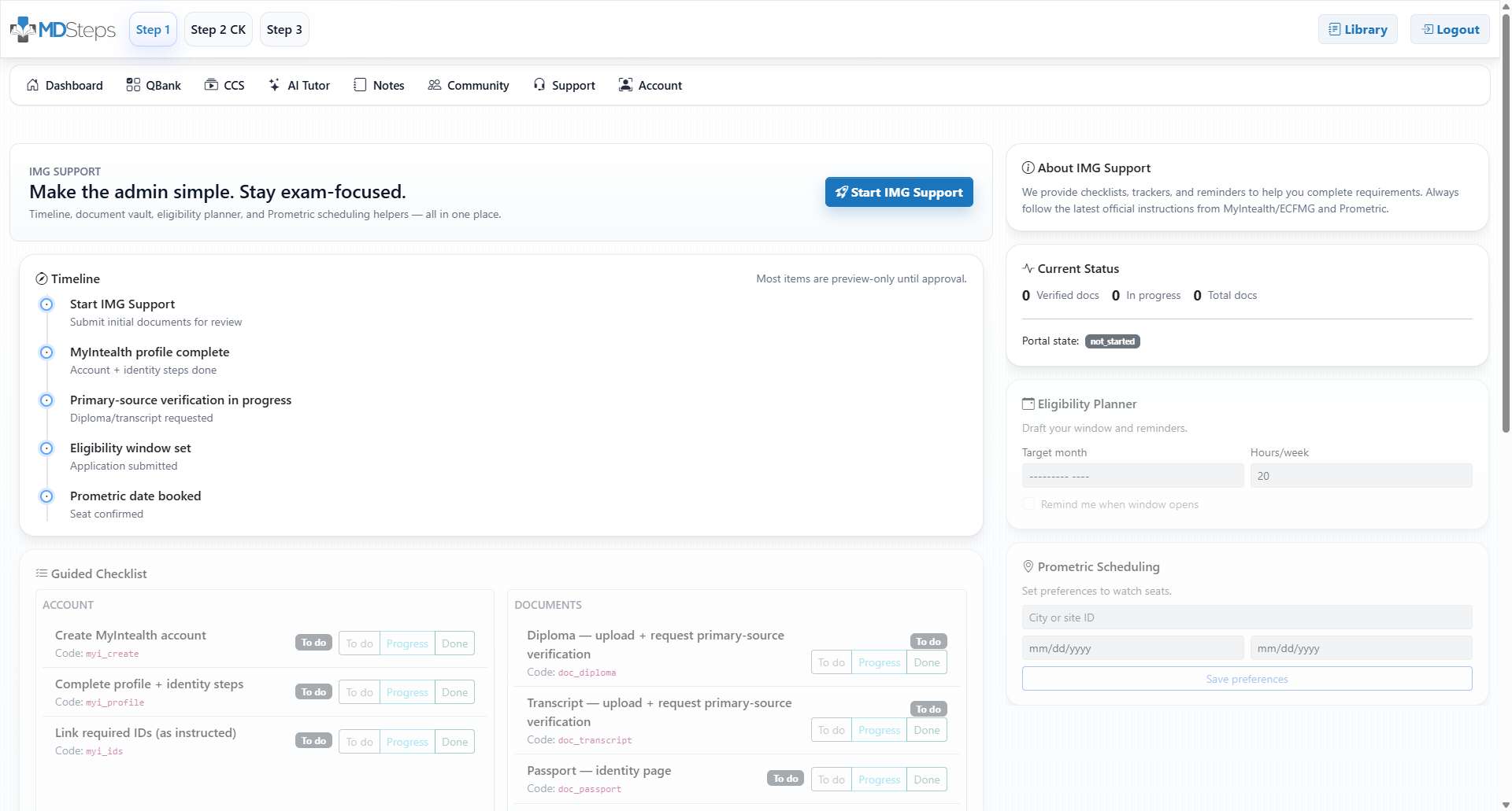 IMG status tracker showing tasks, document states, and upcoming dates