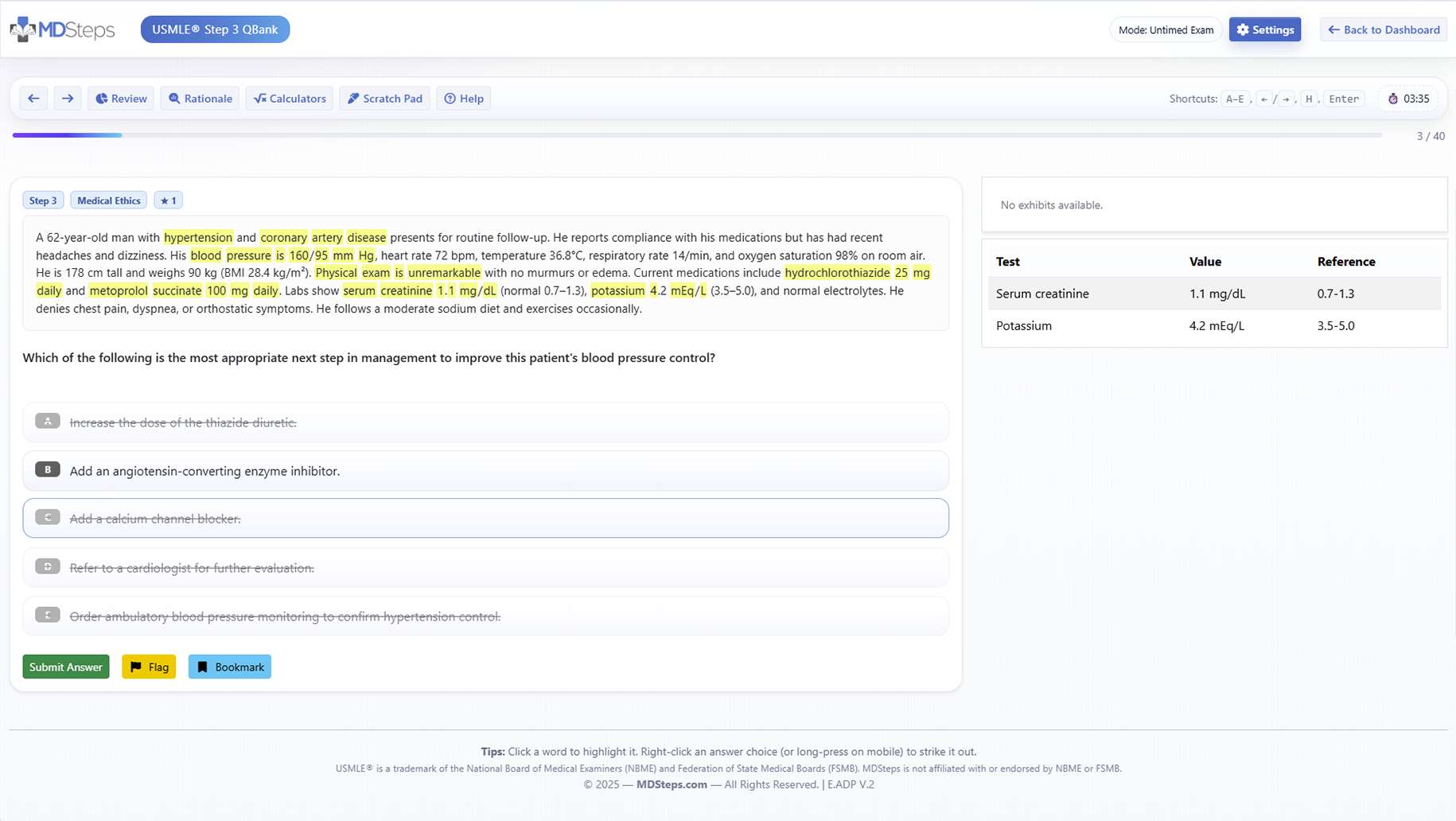 Adaptive USMLE QBank with exhibits, labs and clinical vignettes..